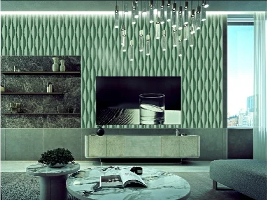 Revestimiento geométrico verde · Vidrios decorativos · Ref. WAO-AR-P039-R05