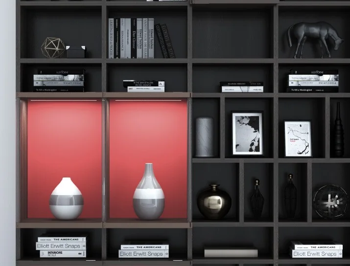 Biblioteca negra con nichos rojos · Ref. WAO-AL-GUA-0033