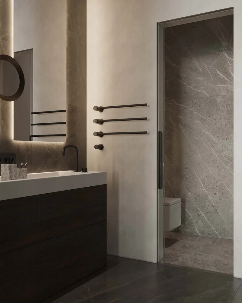 Vanitorio · Madera oscura en baño claro · Vanitories · Ref. WAO-AL-VAN-0052