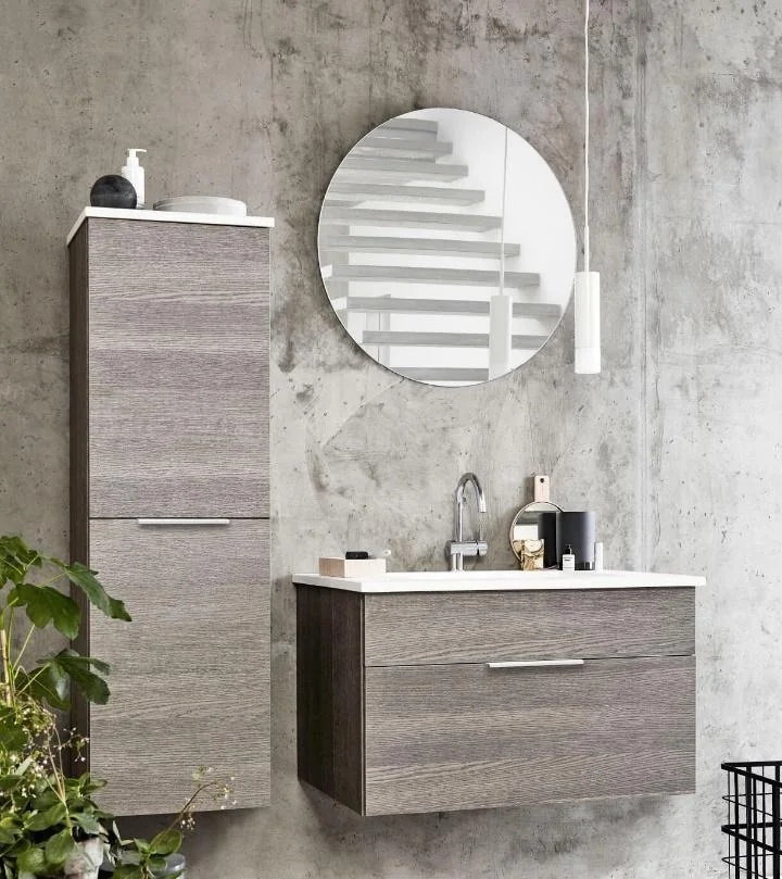 Vanitorio gris con columna y espejo circular · Ref. WAO-PA-VAN-0014