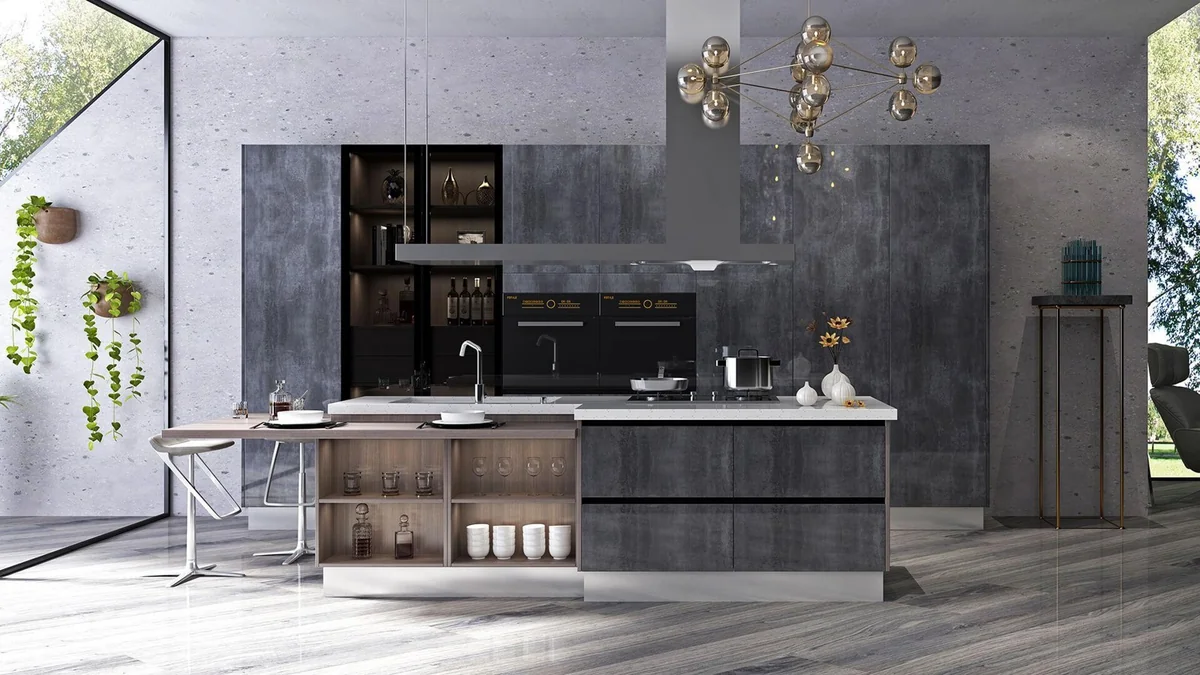 Cocina oscura con isla y estantes abiertos · Cocinas · Ref. WAO-AL-COC-0012