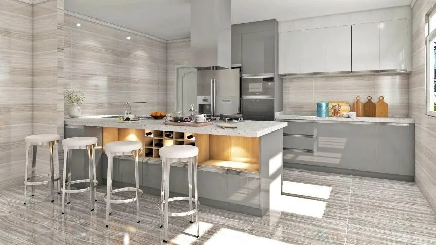 Cocina gris brillante con barra iluminada · Cocinas · Ref. WAO-AL-COC-0037 · vista 2