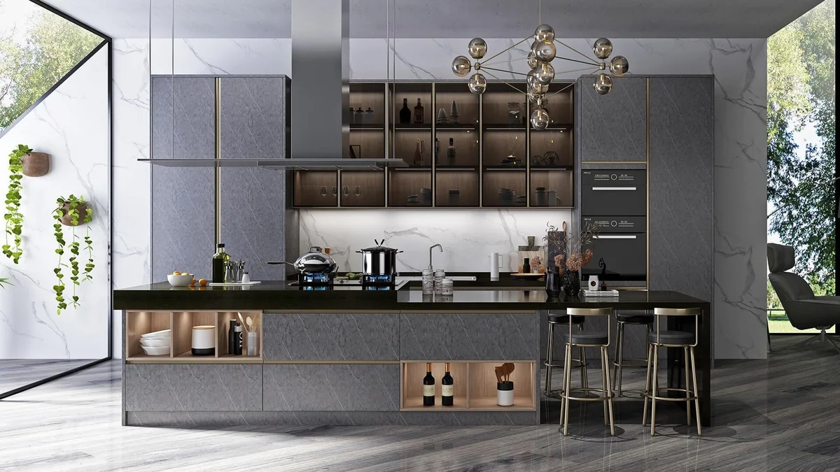 Cocina gris con vitrinas y barra · Cocinas · Ref. WAO-AL-COC-0014