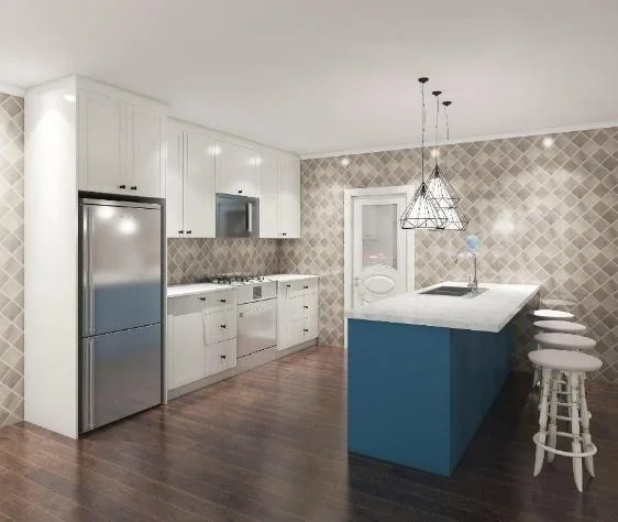 Cocina blanca con isla azul · Cocinas · Ref. WAO-AL-COC-0061