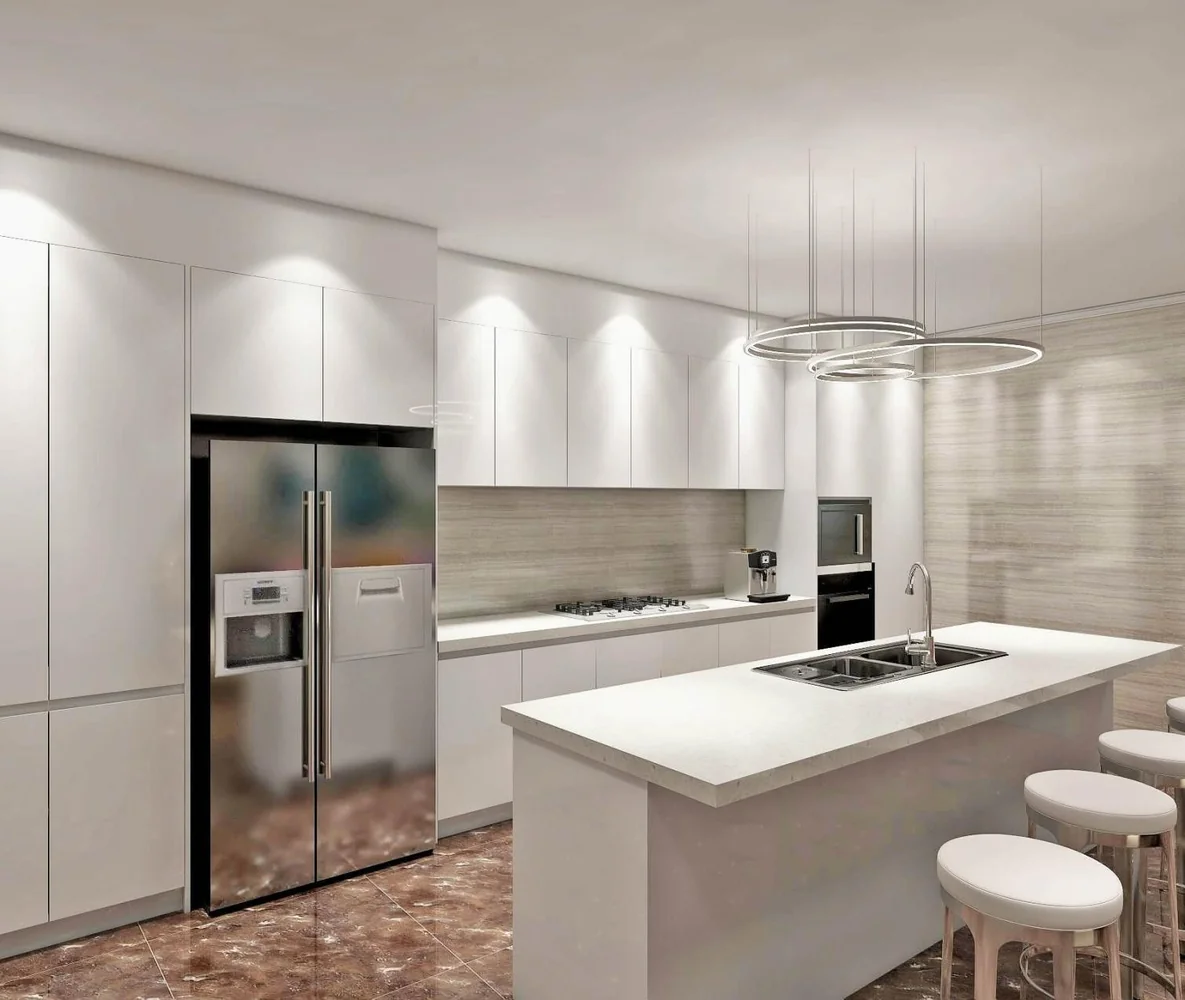 Cocina blanca con isla y frente iluminado · Cocinas · Ref. WAO-AL-COC-0059 · vista 2