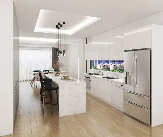 Cocina blanca longitudinal con isla · Cocinas · Ref. WAO-AL-COC-0060