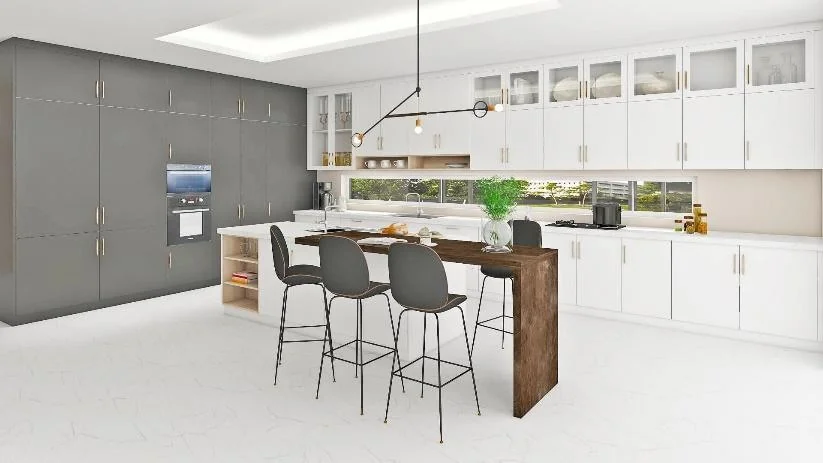 Cocina blanca y gris con barra de madera · Cocinas · Ref. WAO-AL-COC-0039
