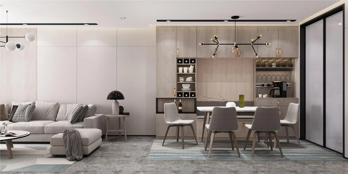 Mueble de comedor claro con nichos oscuros · Guardado · Ref. WAO-AL-GUA-0111