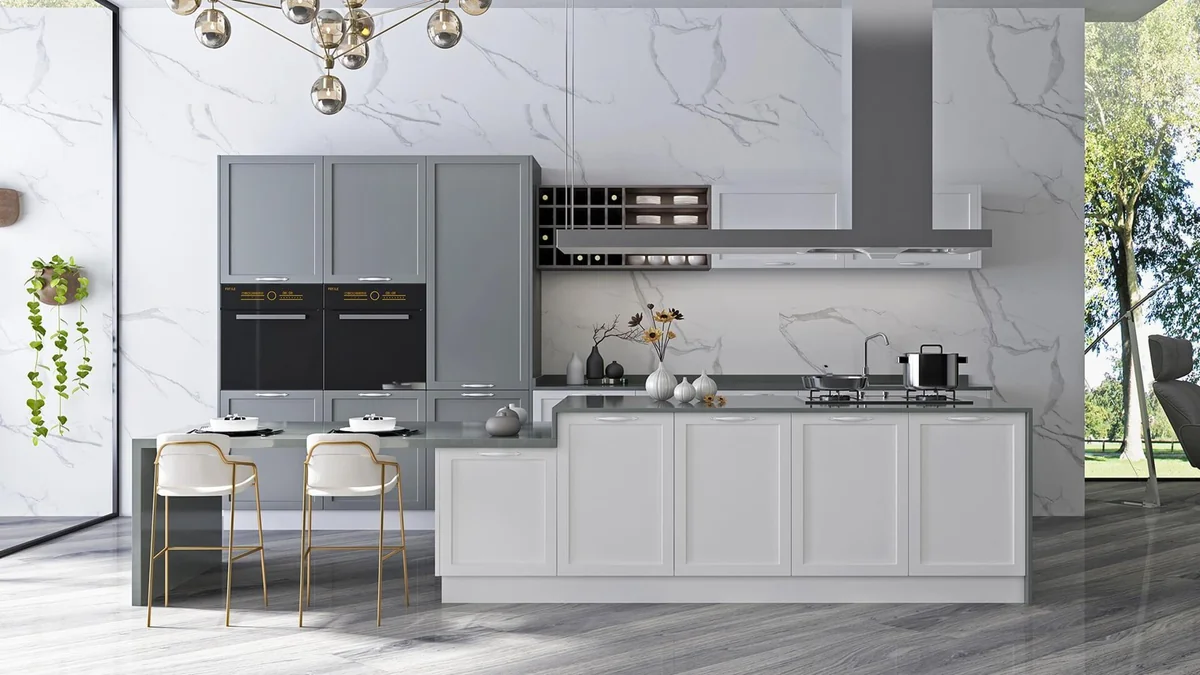 Cocina blanca y gris de frentes enmarcados · Cocinas · Ref. WAO-AL-COC-0013