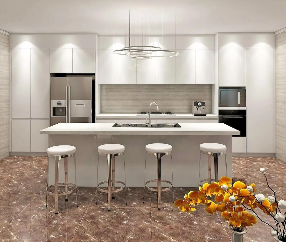 Cocina blanca con isla y frente iluminado · Cocinas · Ref. WAO-AL-COC-0059