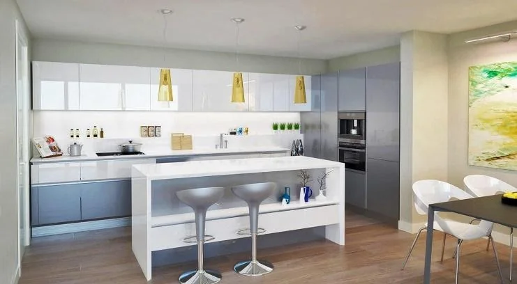 Cocina azul grisácea con barra clara · Cocinas · Ref. WAO-AL-COC-0050