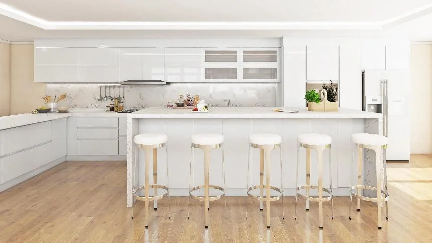 Cocina blanca con isla y barra larga · Cocinas · Ref. WAO-AL-COC-0043 · vista 2