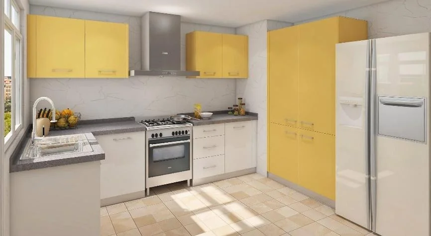 Cocina compacta blanca con frentes amarillos · Cocinas · Ref. WAO-AL-COC-0046 · vista 2