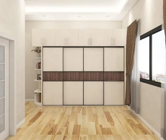 Armario claro con franja y módulos de madera · Guardado · Ref. WAO-AL-GUA-0203