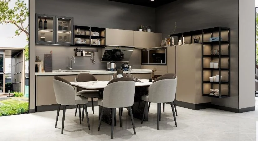 Cocina oscura con isla de comedor · Cocinas · Ref. WAO-AL-COC-0019