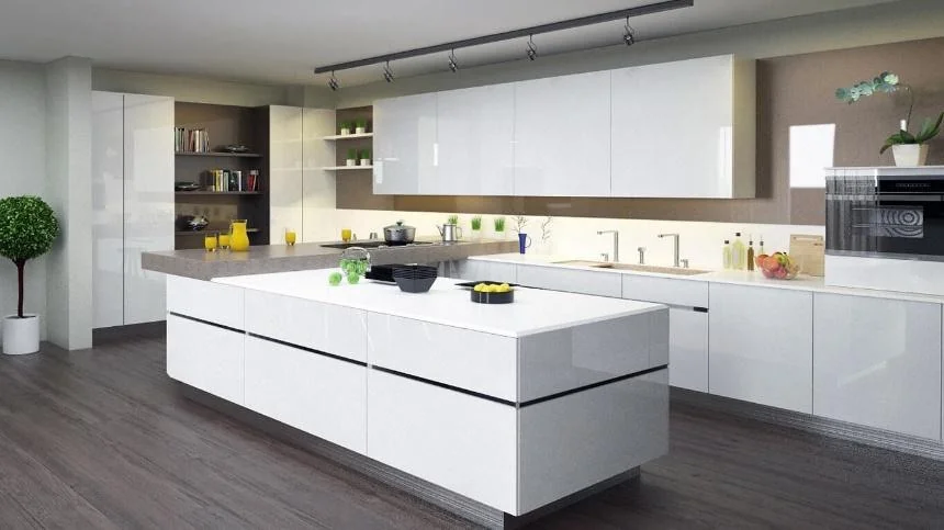 Cocina blanca con isla de líneas horizontales · Cocinas · Ref. WAO-AL-COC-0047 · vista 2