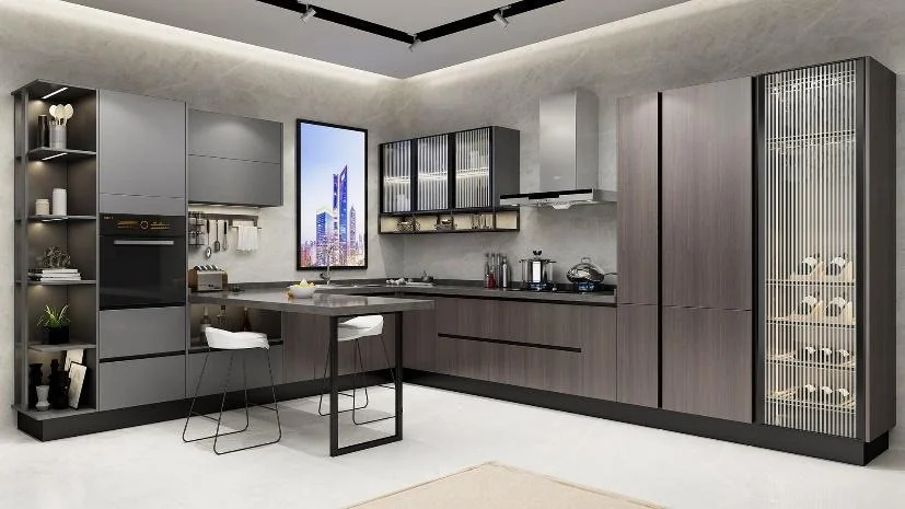 Cocina gris con vitrina alta lateral · Cocinas · Ref. WAO-AL-COC-0017