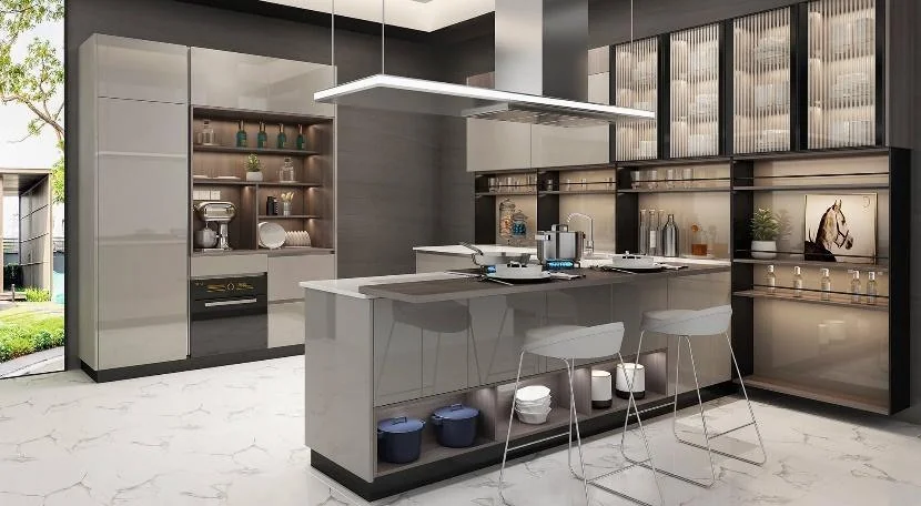 Cocina gris con isla y vitrinas altas · Cocinas · Ref. WAO-AL-COC-0018