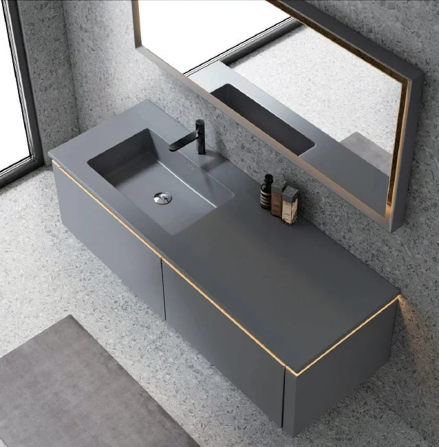 Lavabo gris con detalle dorado · Bachas de baño · Ref. WAO-AL-LAV-0108