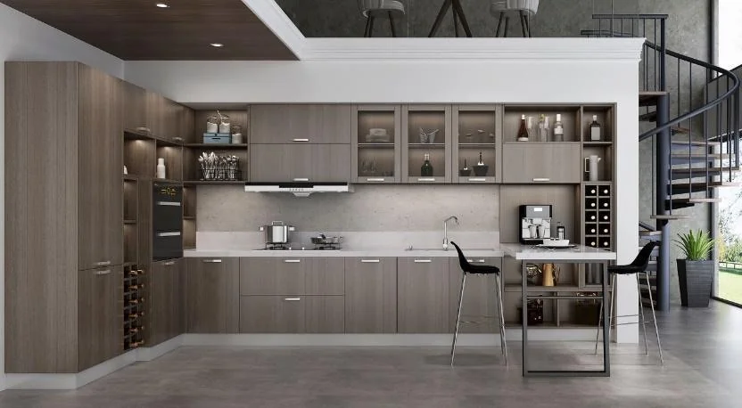Cocina gris con vitrinas y mesa adosada · Cocinas · Ref. WAO-AL-COC-0034