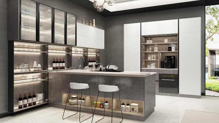Cocina clara con vitrinas de marco negro · Cocinas · Ref. WAO-AL-COC-0020