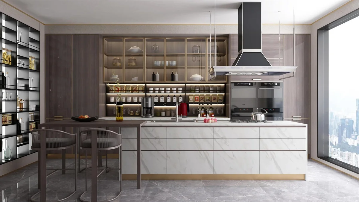 Cocina con isla clara y vitrinas oscuras · Cocinas · Ref. WAO-AL-COC-0006