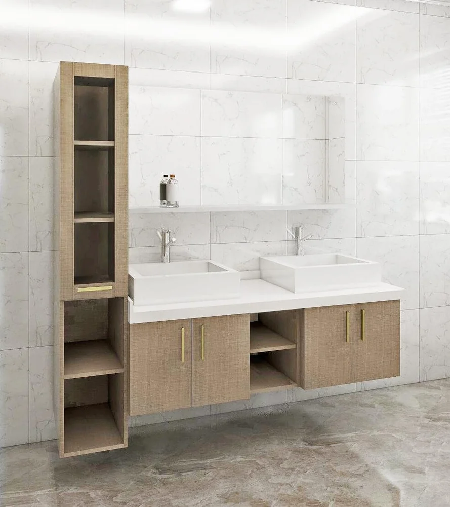 Vanitorio de madera con columna y estante abierto · Ref. WAO-PA-VAN-0025