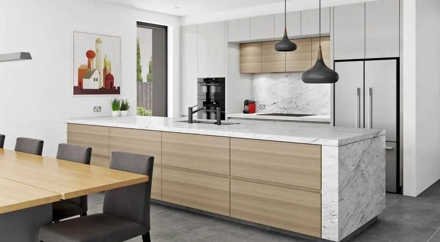 Cocina blanca con península de madera · Cocinas · Ref. WAO-AL-COC-0058