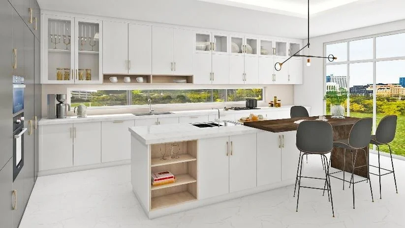 Cocina blanca y gris con barra de madera · Cocinas · Ref. WAO-AL-COC-0039 · vista 2