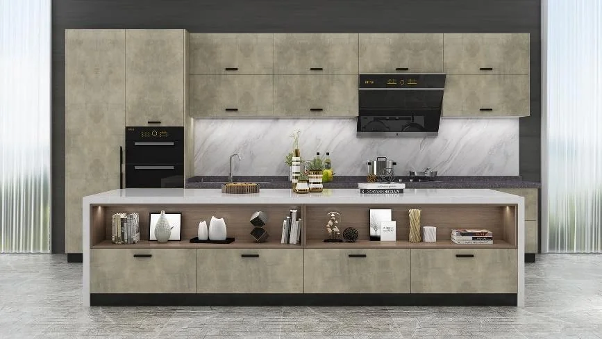 Cocina en tono piedra con isla expositora · Cocinas · Ref. WAO-AL-COC-0024