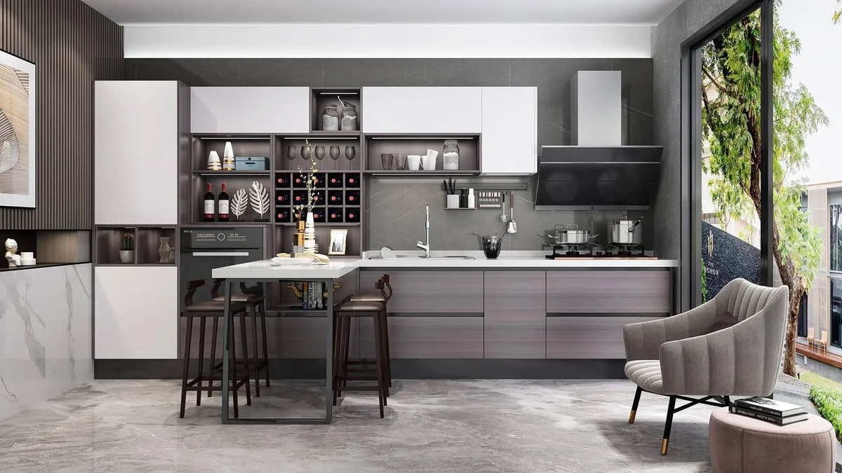 Cocina lineal blanca y gris con barra · Cocinas · Ref. WAO-AL-COC-0015