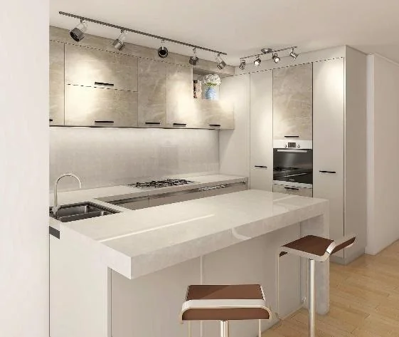 Cocina blanca con península y frentes superiores alternativos · Cocinas · Ref. WAO-AL-COC-0065 · vista 2