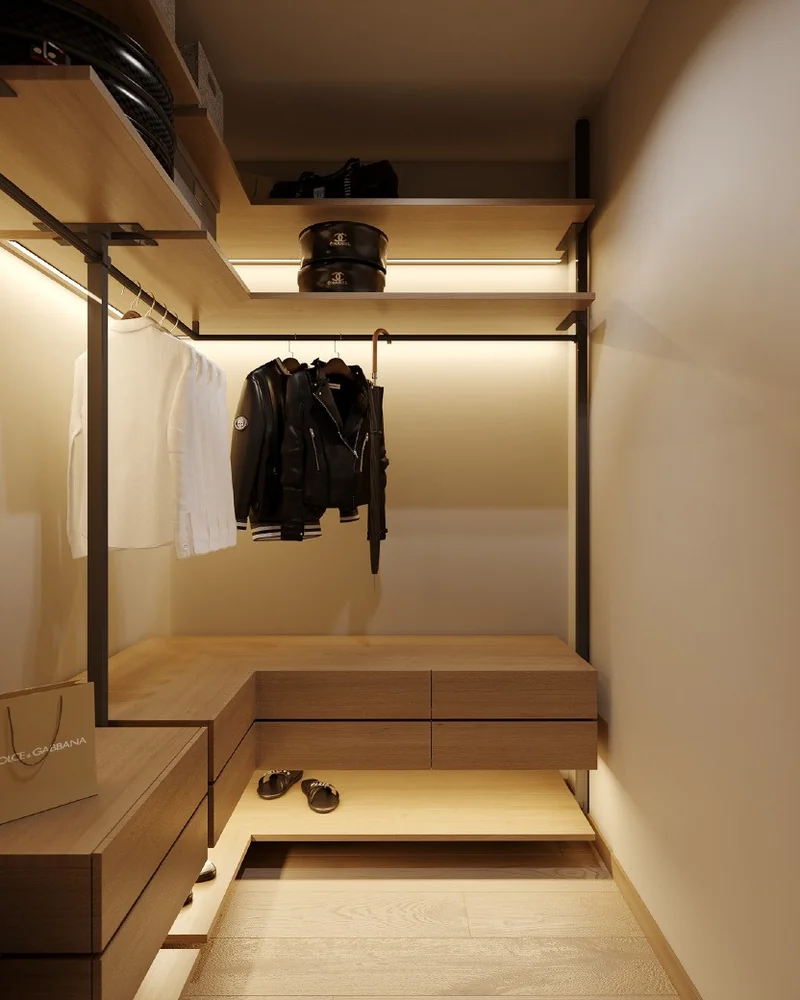 Vestidor compacto claro con estantes perimetrales · Guardado · Ref. WAO-AL-GUA-0054