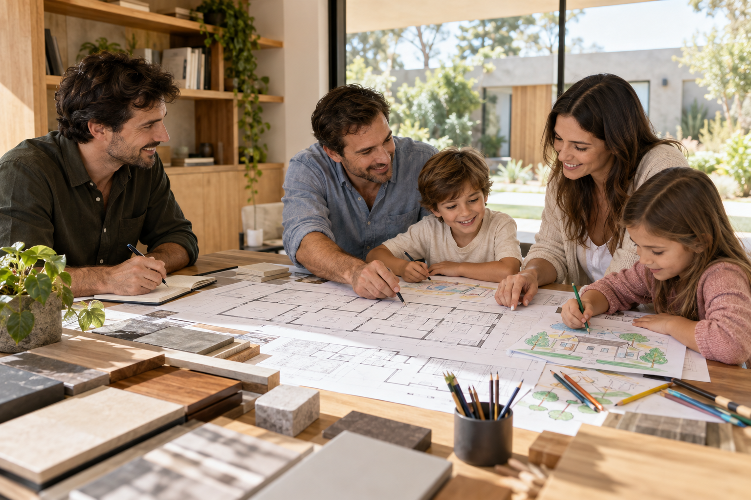 Una familia comparte sus ideas con un arquitecto sobre planos, imagen conceptual