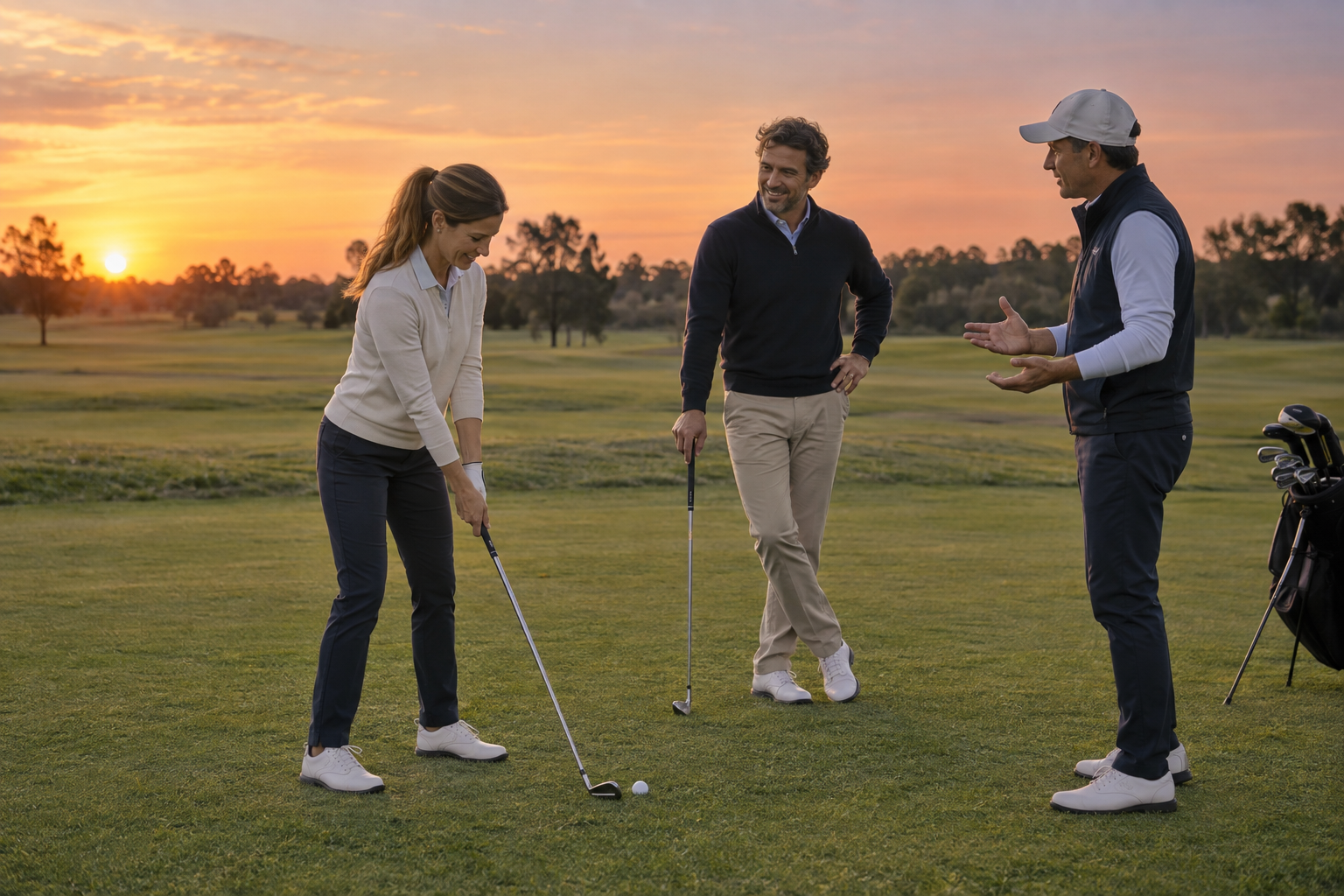 Una pareja aprende golf con un instructor · escena conceptual