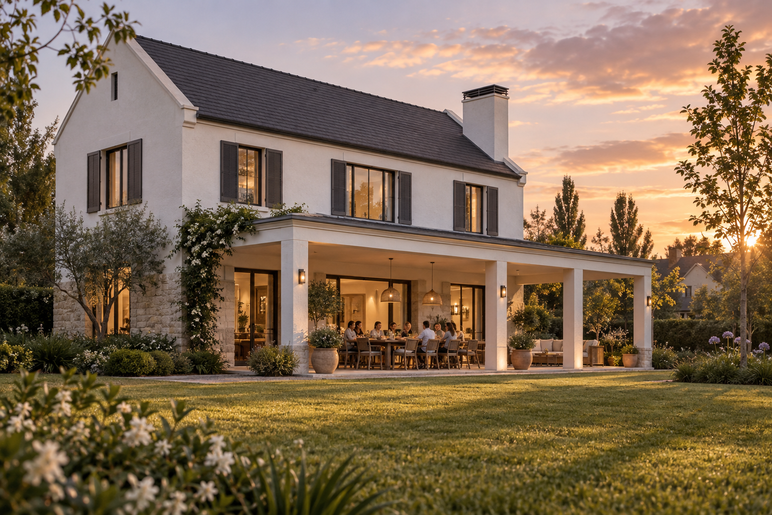 Casa de inspiración country con techo inclinado y familia reunida bajo una galería · visualización conceptual