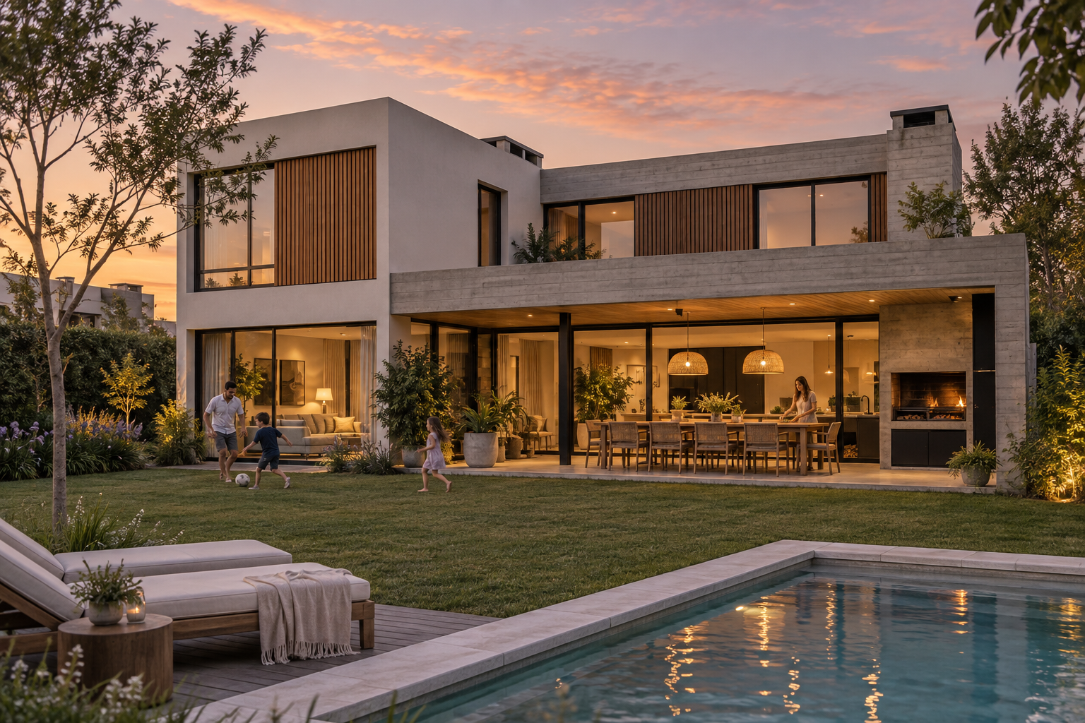 Casa contemporánea de dos plantas con galería, parrilla y una familia en el jardín · visualización conceptual
