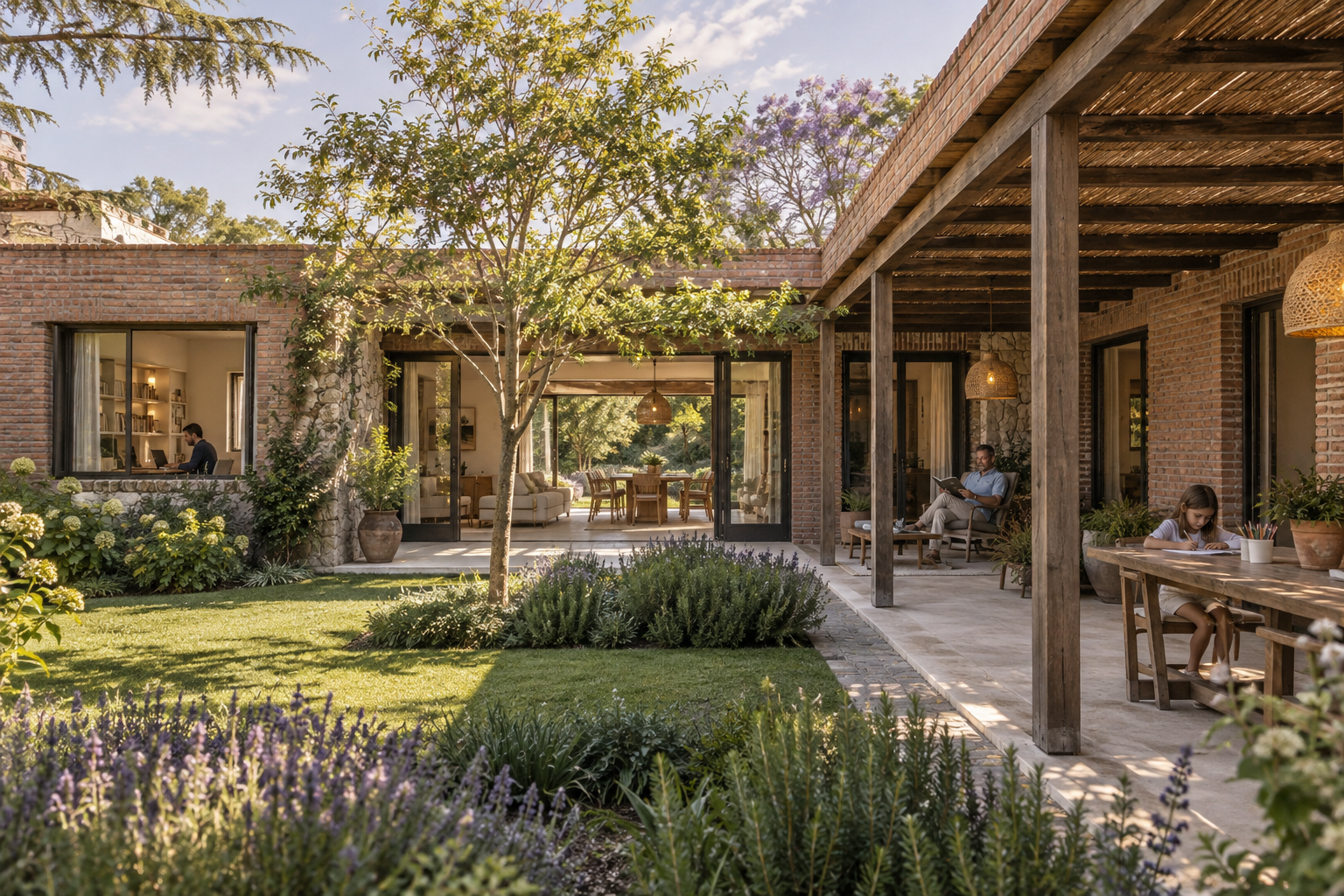 Casa de una planta de ladrillo, con patio verde, galería y espacios para leer y trabajar · visualización conceptual